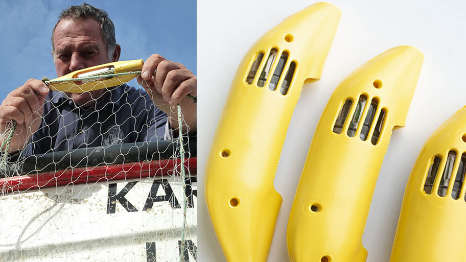 Composite image with fisherman holding net and "banana pinger" device on left and pingers on plain background on right